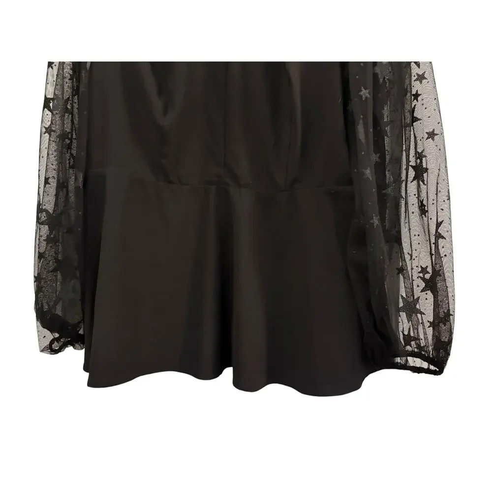 Torrid Black Peplum Blouse Top 2X Mesh Sleeves & Neck Sparkly Stars Whimsygoth - Picture 5 of 11
